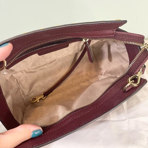 Michael Kors Burgundy Saffiano Leather Selma Studded  Satchel Crossbody Bag - Picture 10 of 10